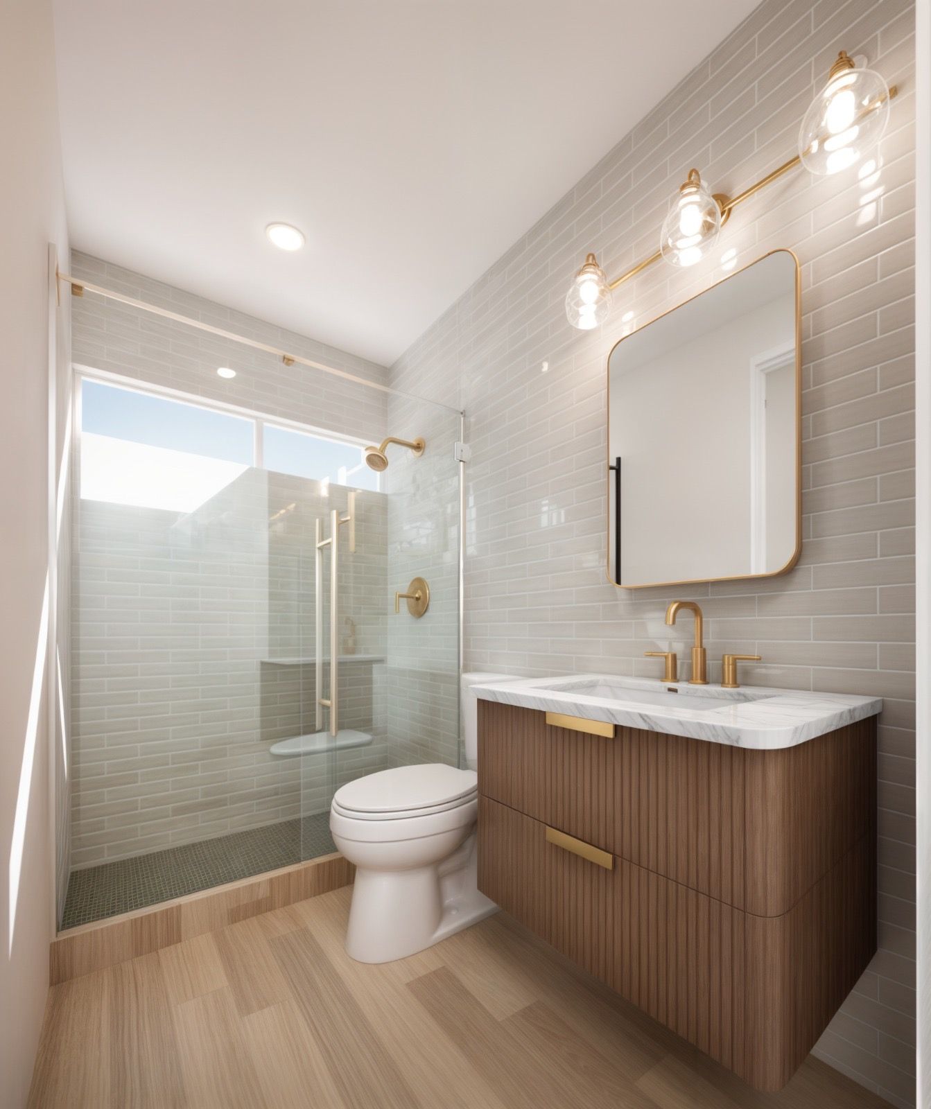 Rendering of casita bathroom with wood vanity and glass shower