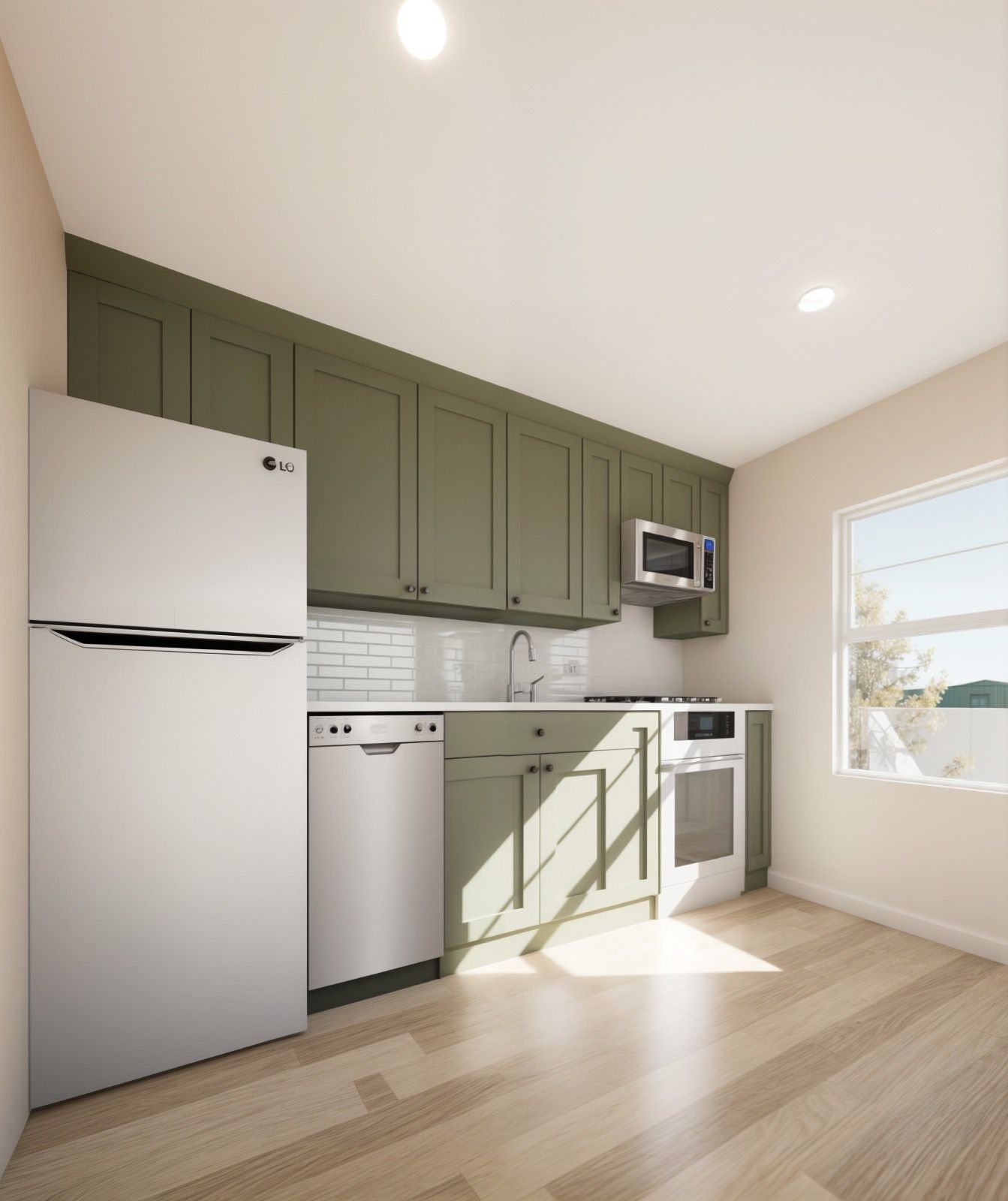 Rendering of casita kitchen with green cabinets and white appliances