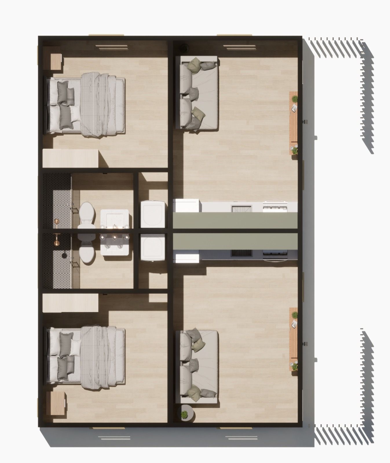 Floor plan of the two side-by-side one-bedroom casitas